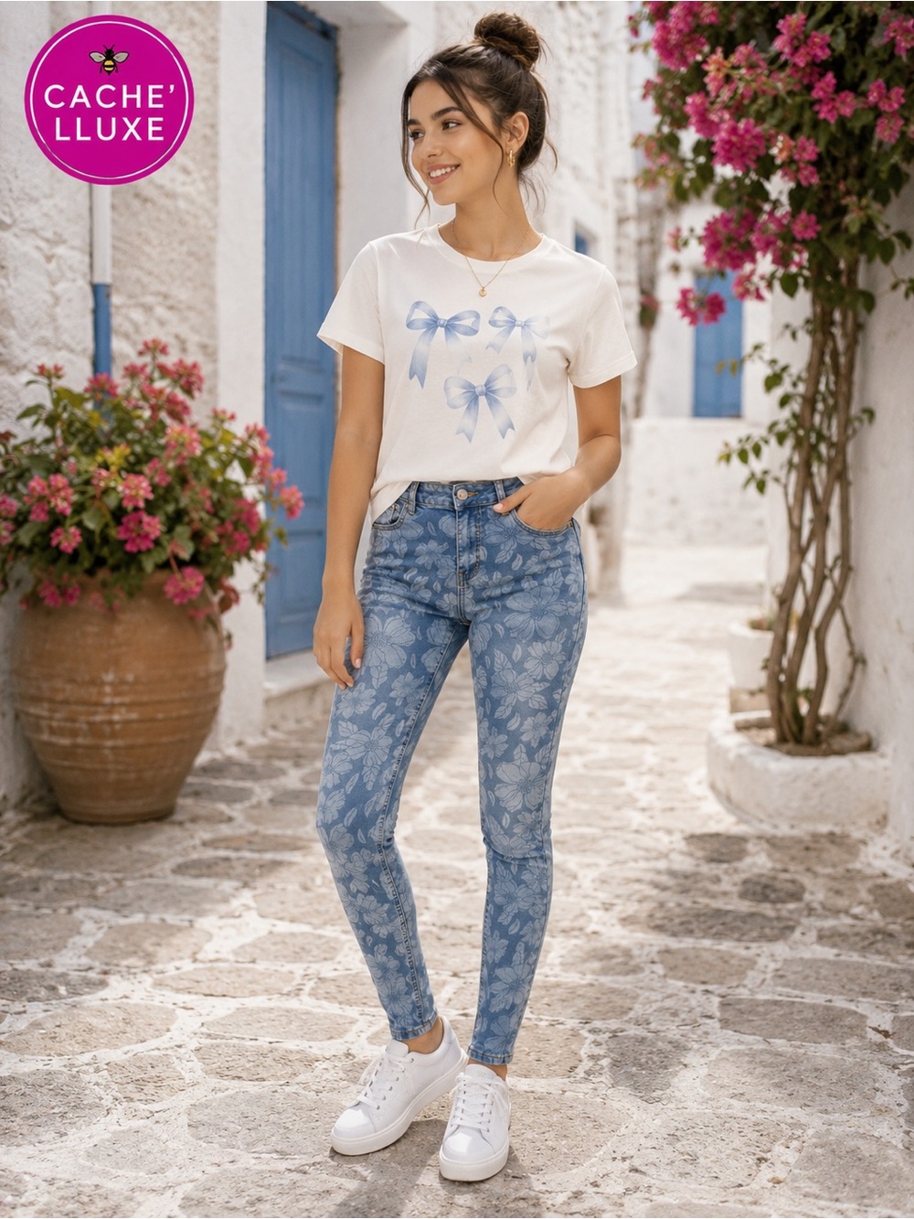 TALA Blue floral print skinny jeans 8